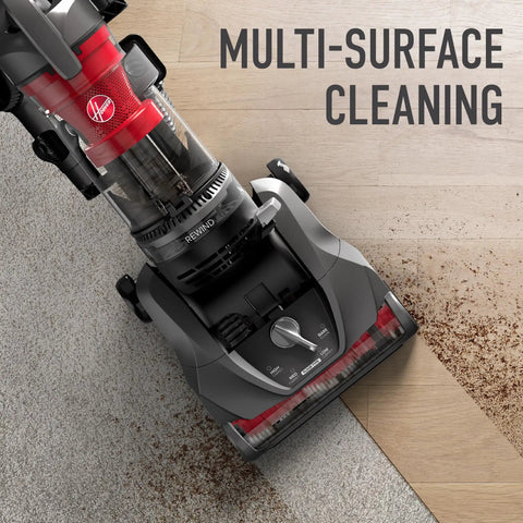Hoover Rewind Pet Upright Bagless Vacuum Cleaner For Carpet And Hard Floors With Automatic Cord Rewind And Above Floor Cleaning Capability In Sleek Gray Finish Powering Through Home Dirt With Ease