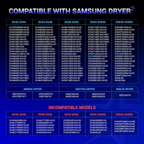 Compatibility chart for Beefed Up Dryer Heating Element Kit With Thermostat And Thermal Fuses And Thermistor For Samsung dryers