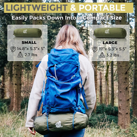 Person with green packed Camping Hammock With Mosquito Net Tent Like Portable Outdoor Hammock For One To Two People on a backpack