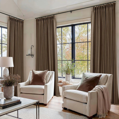 Room with Dual Layer Blackout Curtains 102 Inch Length Two Panels Pinch Pleated For Sliding Glass Doors Flax Linen Texture
