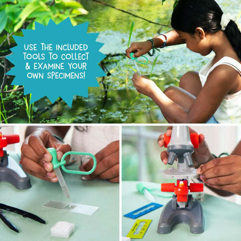 Young Scientist Microscope Kit With 720X Magnification, LED Light, Prepared And Blank Slides, Audio Learning Content, Beginner Biology Gift For Kids Aged 6 Plus showing child using tools and microscope