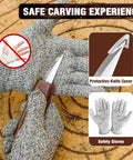 23 Piece Wood Carving Set For DIYers With 4 Large Knives 5 Detail Knives 9 Basswood Blocks showing safety gloves and knife cover