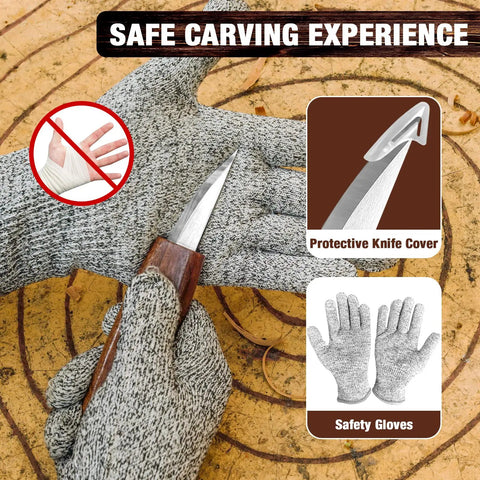 23 Piece Wood Carving Set For DIYers With 4 Large Knives 5 Detail Knives 9 Basswood Blocks showing safety gloves and knife cover