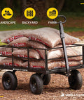 Heavy Duty Steel Utility Cart With 9 Cu Ft Bed And 1200 Lb Capacity Towable Outdoor Hauling Wagon With Removable Side Panels loaded with mulch