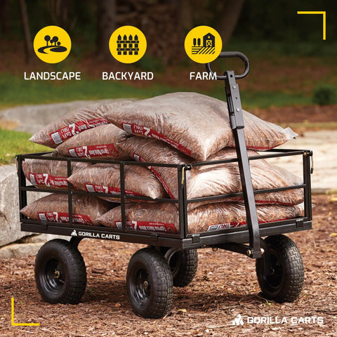 Heavy Duty Steel Utility Cart With 9 Cu Ft Bed And 1200 Lb Capacity Towable Outdoor Hauling Wagon With Removable Side Panels loaded with mulch