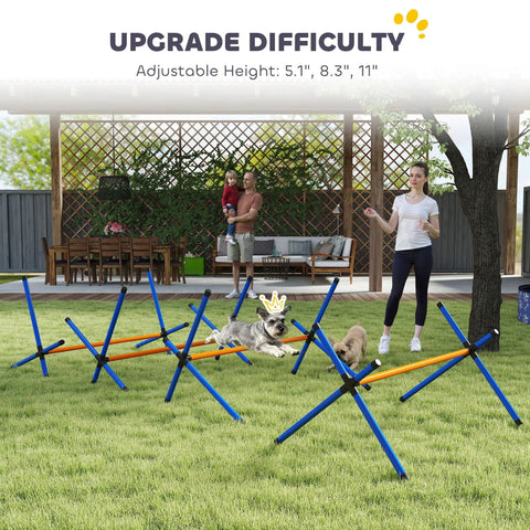 Dog jumping over hurdles in 4 Piece Dog Agility Course Set With Adjustable Height Hurdles, Portable Carry Bag, Durable Orange Jump Obstacles
