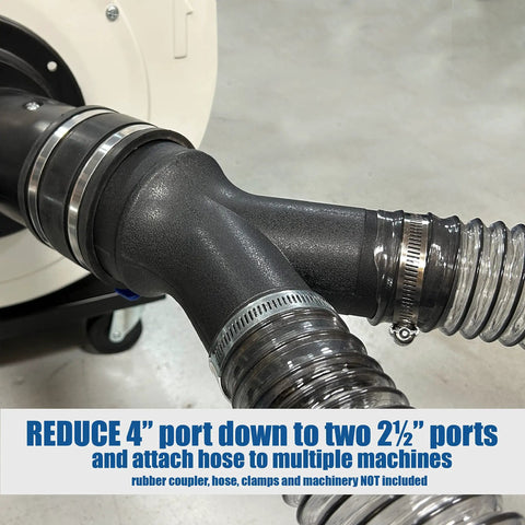 4 Inch To 2.5 Inch Dual Port Y Splitter Dust Collection Fitting connected to hoses, used to reduce a 4 inch port to two 2.5 inch lines.