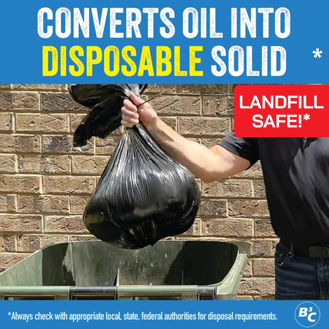 Person disposing of solidified oil in bag using No Mess Oil Change Drain Box Three Pack Small Size For Up To Two And A Half Quarts Each