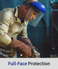 Worker using Full Face Safety Shield With Clear Extrusion-Grade Polycarbonate Visor, Built Tough and Impact Resistant.