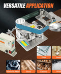 Kickass 2X36 Inch Desktop Belt Grinder And Sander Featuring Infinite Variable Speed For Knife Making Packed With Tough 60 And 800 Grit Sanding Belts For Slick 110V Shop Work And Precision Metal Shaping, shown in action with sanding belt for glass.
