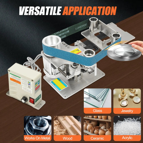 Kickass 2X36 Inch Desktop Belt Grinder And Sander Featuring Infinite Variable Speed For Knife Making Packed With Tough 60 And 800 Grit Sanding Belts For Slick 110V Shop Work And Precision Metal Shaping, shown in action with sanding belt for glass.