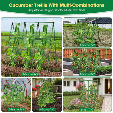 Variety of cucumber trellis configurations showing adjustable A-frame and upright designs in garden settings.