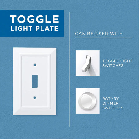 Arboresque Single Toggle Switch Wall Plate Cover in Matte White Finish with included screws next to toggle and dimmer switches