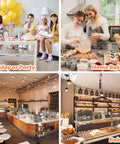 Photo collage of holiday party, home baking, cafe, and bakery settings with people and various baked goods.