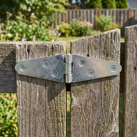 Beefy 6 Pack Heavy Duty Strap Hinges 4 Inch Iron T Shape With Mounting Screws For Light Masonry Door Frames Exterior And Residential Use 180 Degree Opening Durable Silver Finish on wooden gate