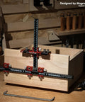 Upgraded Cabinet Hardware Jig Featuring Micro Adjustment Slider For Dead On Drawer Pull Template Alignment No Fuss Drill Bit Storage Slick Woodworking Calibration Tool on wooden drawer.