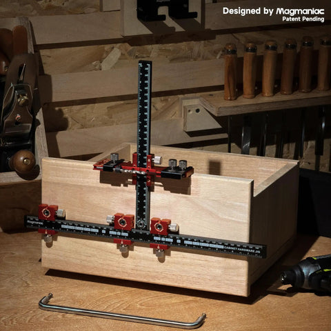Upgraded Cabinet Hardware Jig Featuring Micro Adjustment Slider For Dead On Drawer Pull Template Alignment No Fuss Drill Bit Storage Slick Woodworking Calibration Tool on wooden drawer.