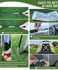 Steps to set up Backyard Golf Practice Net 10x7 Ft With Practice Mat, assembling rods, net, and target cloth.