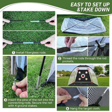 Steps to set up Backyard Golf Practice Net 10x7 Ft With Practice Mat, assembling rods, net, and target cloth.