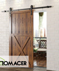 Rustic Black Non Bypass Sliding Barn Door Hardware Kit installed on wooden door with 4.5 ft flat track and classic roller design.
