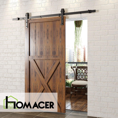 Rustic Black Non Bypass Sliding Barn Door Hardware Kit installed on wooden door with 4.5 ft flat track and classic roller design.