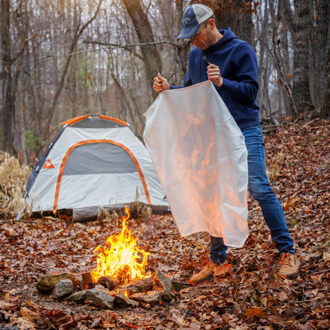 Man holding Emergency Fire Blanket 40 By 40 Inches, Woven Fiberglass Fire Shield For Smothering Small Area Fires Up To 900 Degrees Fahrenheit outdoors