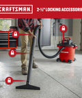 Professional 20 Gallon Wet Dry Shop Vacuum With Six Point Five Peak Horsepower delivers cleanup with 2.5" locking accessories in a garage.
