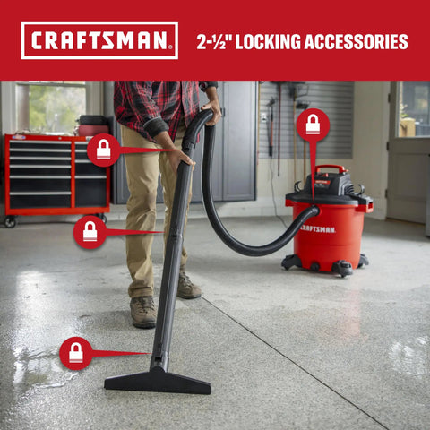 Professional 20 Gallon Wet Dry Shop Vacuum With Six Point Five Peak Horsepower delivers cleanup with 2.5" locking accessories in a garage.
