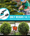Person using Cordless Do-It-All 3-In-1 Hedge Trimmer, Grass Shear, And Shrub Trimmer With 50-Inch Extendable Pole, before-after.