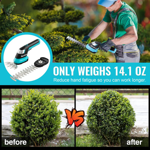 Person using Cordless Do-It-All 3-In-1 Hedge Trimmer, Grass Shear, And Shrub Trimmer With 50-Inch Extendable Pole, before-after.