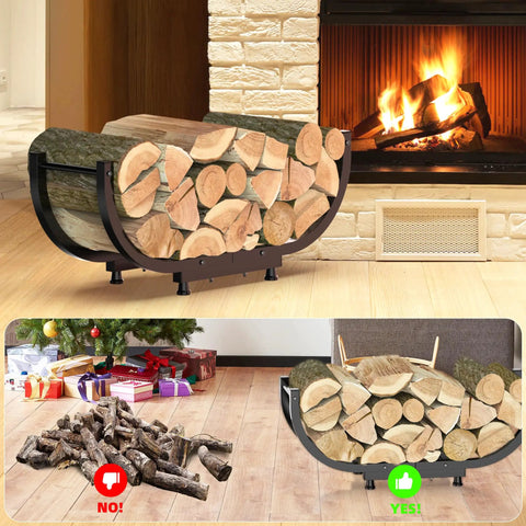 Beefy Firewood Rack For Outdoor Use, 29 Inch Log Holder with Black Steel Frame next to fireplace showing organized storage.