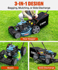 Self Propelled Gas Lawn Mower Kit With 21 Inch Cut 170cc Engine 3 In 1 Deck showing bagging, mulching, side discharge options