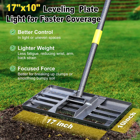 Heavy Duty Lawn Leveling Rake With 17 Inch By 10 Inch Stainless Steel Ground Plate And 60 Inch Handle For Anti Flipping Operation, Pro Grade For Leveling Topsoil, Sand, Compost, Grass Seed, Yard Landscaping And Golf Field Use displayed on grass.