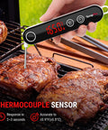 Ultra Fast Instant Read Meat Thermometer With 4 Inch Probe Digital Thermocouple Sensor Delivers 2 To 3 Second Readouts At 0.9 F Accuracy 14 F To 572 F Range Lock Function Ideal For Grillin Smokin Fryin Candy Oil And Kitchen displayed measuring a steak on a grill.