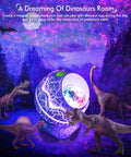 Star Projector Galaxy Night Light Dope Nebula Show With White Noise Music Player Bluetooth Speaker 14 Colors And Timer Remote For Bedroom Kids Room Parties Gifts displaying dinosaurs in a galaxy setting.