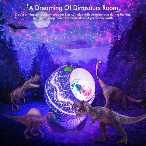 Star Projector Galaxy Night Light Dope Nebula Show With White Noise Music Player Bluetooth Speaker 14 Colors And Timer Remote For Bedroom Kids Room Parties Gifts displaying dinosaurs in a galaxy setting.