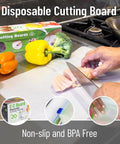 EZ Board Disposable Plastic Cutting Board for quick cleanup and easy food prep on the go, cutting chicken near vegetables