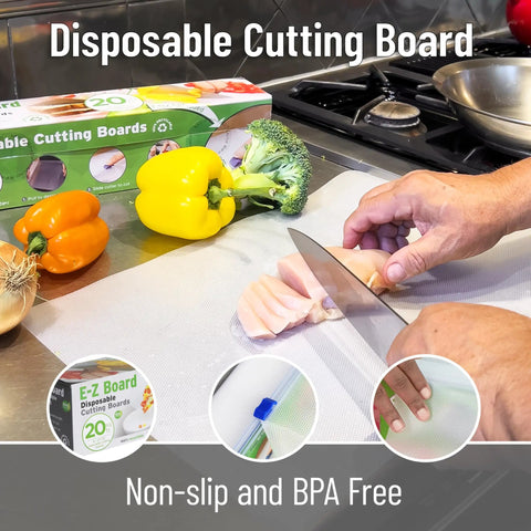 EZ Board Disposable Plastic Cutting Board for quick cleanup and easy food prep on the go, cutting chicken near vegetables