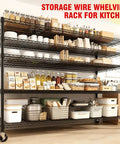 Tough As Nails 4 Tier Metal Wire Shelving Rack With Smooth Rolling Casters And Rust Resistant Matte Black Finish holding kitchen supplies and organized containers