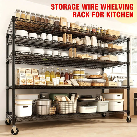 Tough As Nails 4 Tier Metal Wire Shelving Rack With Smooth Rolling Casters And Rust Resistant Matte Black Finish holding kitchen supplies and organized containers