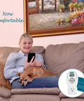 Woman relaxing on sofa with dog and smartphone, featuring Heavy Duty Programmable Outlet Thermostat For Space Heaters And Window Air Conditioners 120V 15A Four Daily Scheduler Slots Weekday Weekend Programming Plug And Play FCC Certified Built Tough For Home Comfort.