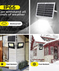 Rugged 2 Pack 300W Solar Flood Lights Outdoor with dual beams, IP66 waterproof, shown on homes, illustrating weatherproof features.
