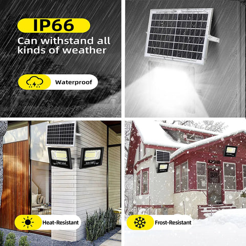Rugged 2 Pack 300W Solar Flood Lights Outdoor with dual beams, IP66 waterproof, shown on homes, illustrating weatherproof features.