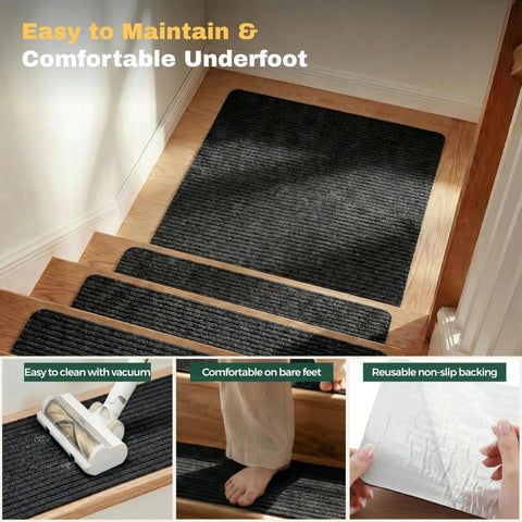 No Slip Carpet Stair Treads 8 By 30 Inches Pack Of 28 With Reusable Adhesive shown on wooden stairs, anti skid grip rug black.