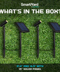 Outdoor Solar Spotlight Set Two Pack With Fifteen Inch Panel Waterproof LED Easy Install And Adjustable Height shown on grass