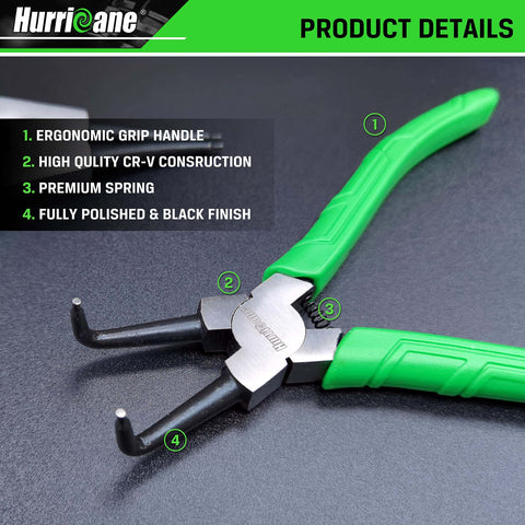 4 Piece Snap Ring Pliers Set With 7 Inch Internal And External Circlip Pliers Kit, Straight And Bent Jaw, CR-V Steel, close-up view