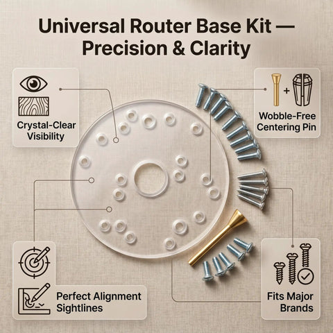 Clear Universal Router Sub Base Plate With Centering Pin And Mounting Screws For Trim Routers on a textured surface with hardware.
