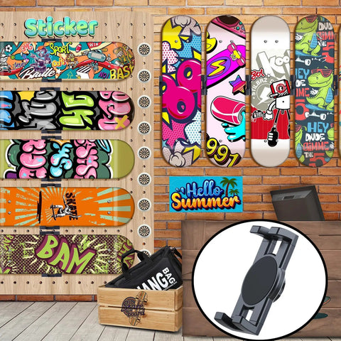 Skateboard Wall Mount 360 Degree Rotatable Floating Display Hanger showcased with vibrant skateboard decks on a wooden wall