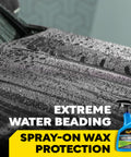 Close-up of car hood with water beading, highlighted by Easy Spray On Ceramic Wax For Cars With SiO2 Hybrid Barrier Technology bottle.