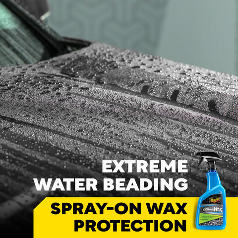 Close-up of car hood with water beading, highlighted by Easy Spray On Ceramic Wax For Cars With SiO2 Hybrid Barrier Technology bottle.